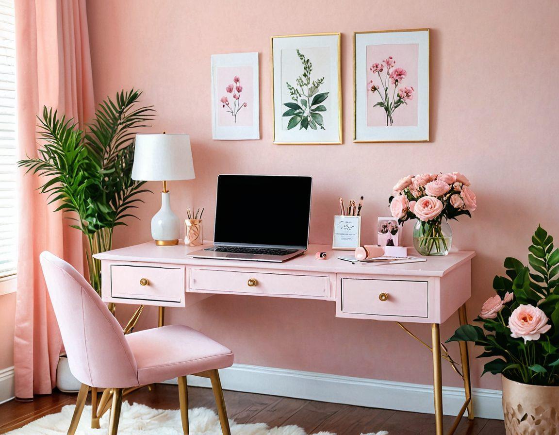 A beautifully decorated feminine workspace featuring a plush pink desk with elegant stationery, delicate floral arrangements, and a stylish laptop adorned with a vibrant desktop background. Soft ambient lighting and motivational quotes artfully placed around enhance the inviting atmosphere. Perfect for a cozy yet chic workspace inspiration. watercolor style. pastel colors. bright and airy.